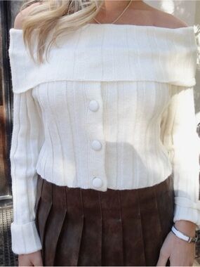 Off-Shoulder White Ribbed Button-Front Women's Sweater